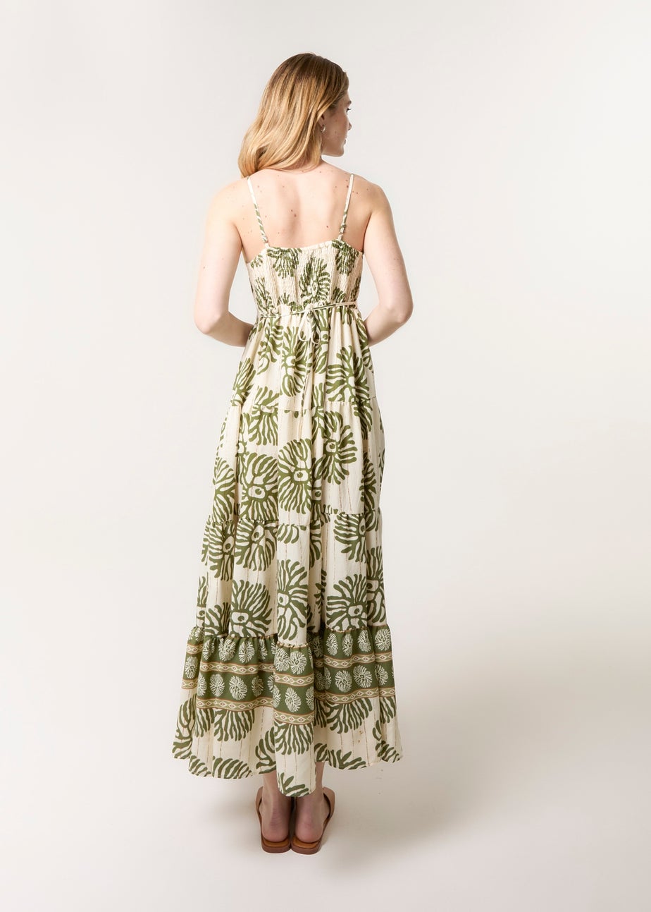 Blue Vanilla Khaki Abstract Strappy Button Front Maxi Dress