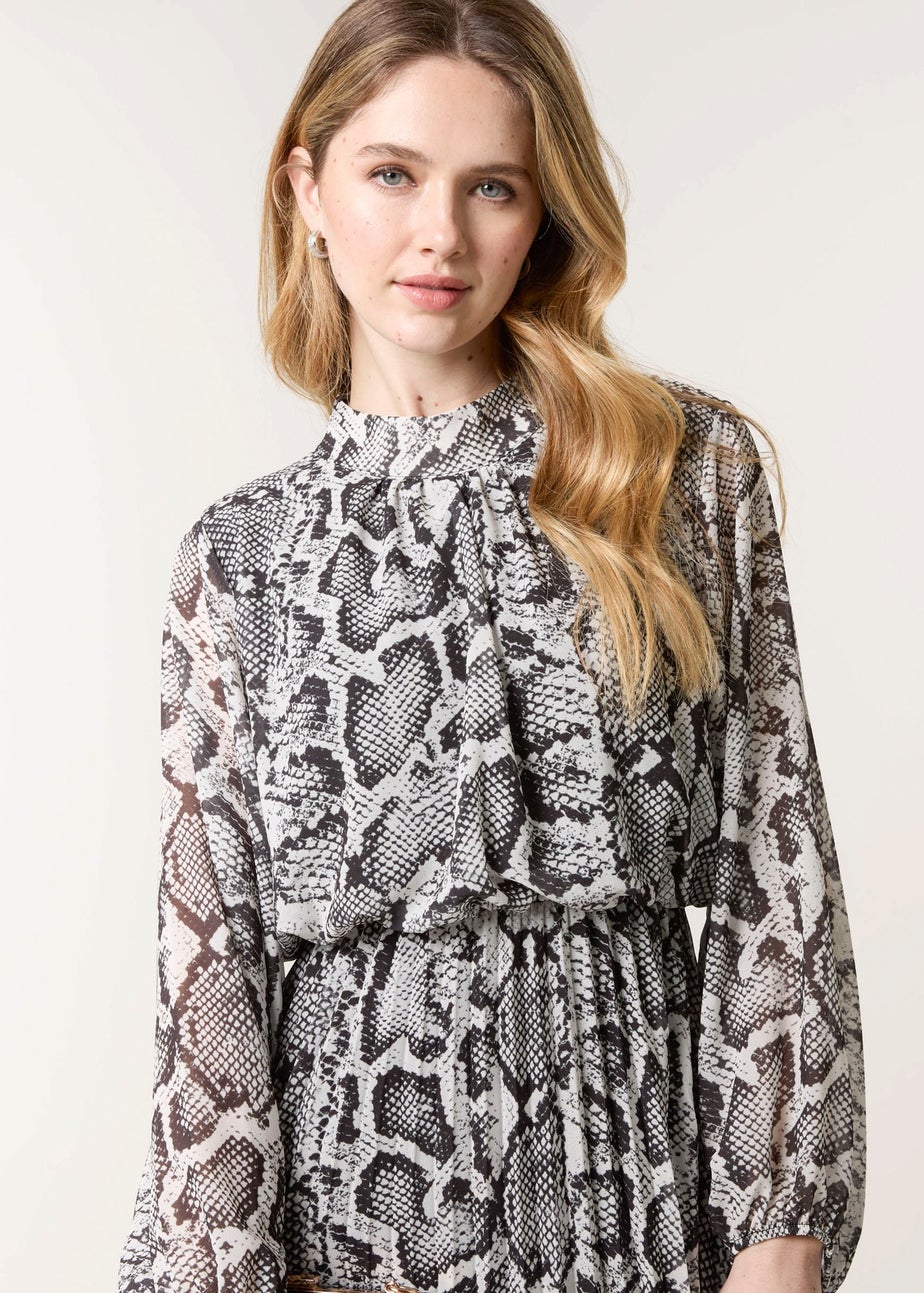 Blue Vanilla Black Snakeskin High Neck Pleat Dress