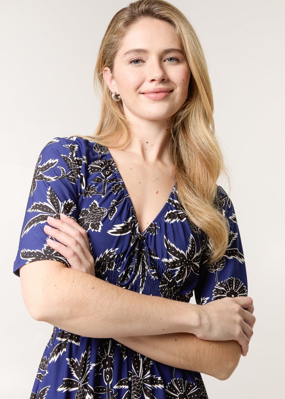 Blue Vanilla Navy Shirred Waist Beaded V Neck Mini Dress