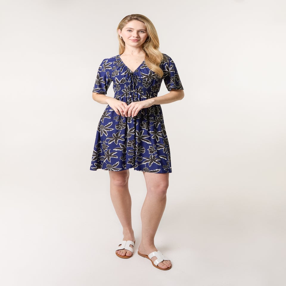 Blue Vanilla Navy Shirred Waist Beaded V Neck Mini Dress