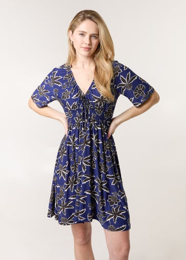 Blue Vanilla Navy Shirred Waist Beaded V Neck Mini Dress