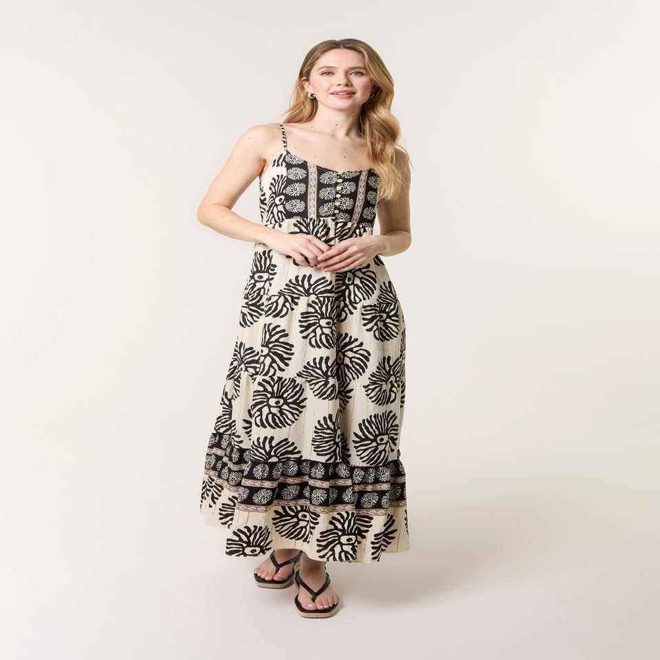 Blue Vanilla Black Abstract Strappy Button Front Maxi Dress