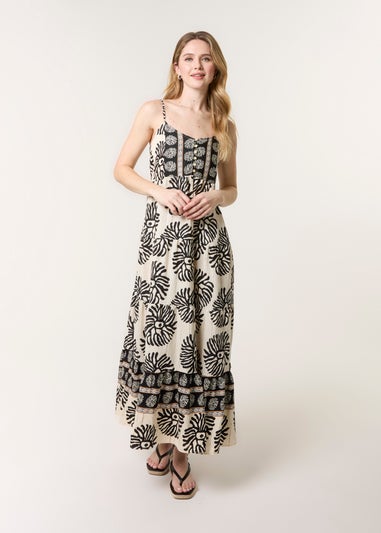 Blue Vanilla Black Abstract Strappy Button Front Maxi Dress