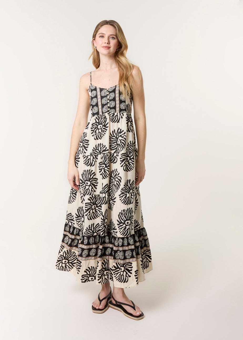 Blue Vanilla Black Abstract Strappy Button Front Maxi Dress