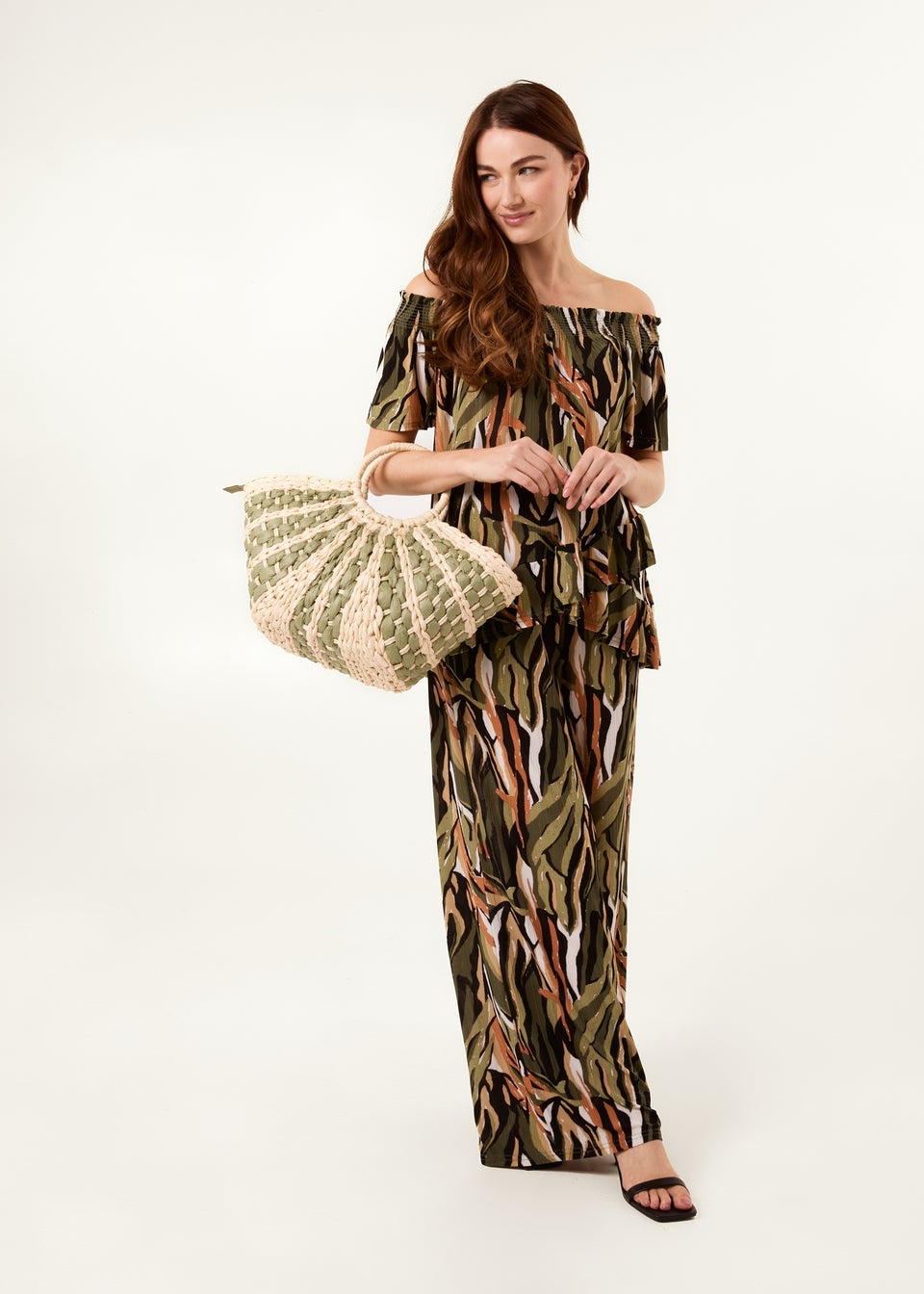Blue Vanilla Khaki Plisse Tropical Print Wide Leg Trousers