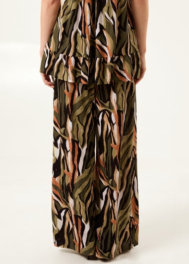 Blue Vanilla Khaki Plisse Tropical Print Wide Leg Trousers