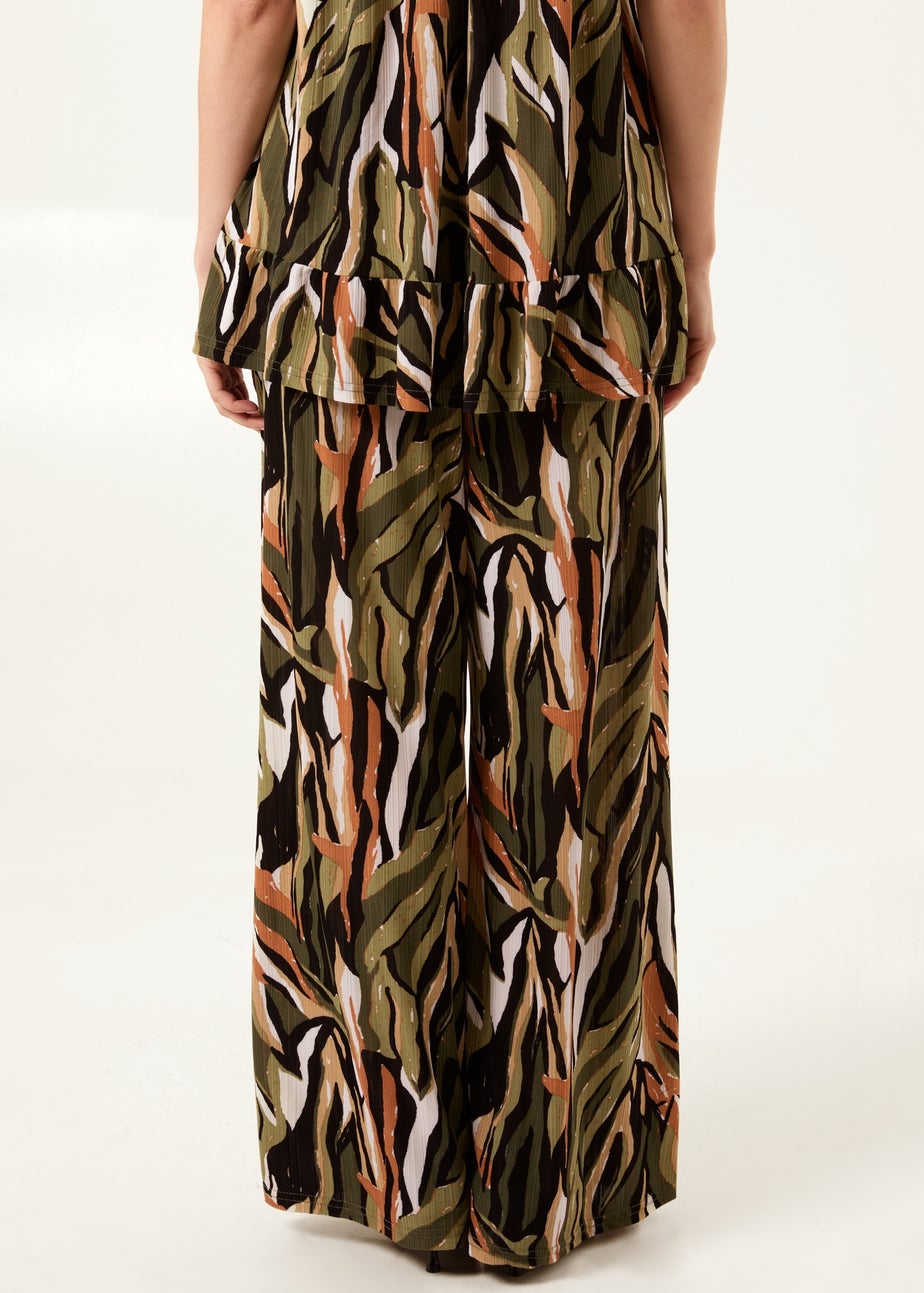 Blue Vanilla Khaki Plisse Tropical Print Wide Leg Trousers