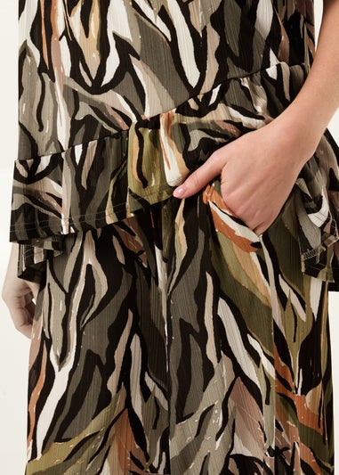 Blue Vanilla Khaki Plisse Tropical Print Wide Leg Trousers