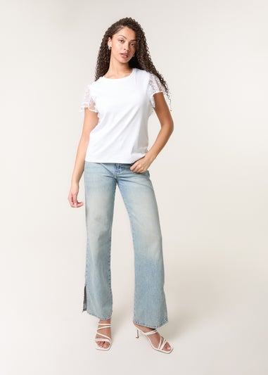 Blue Vanilla White Polka Dot Mesh Sleeve T-shirt