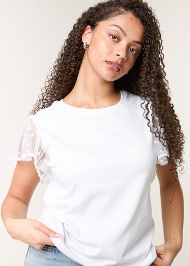 Blue Vanilla White Polka Dot Mesh Sleeve T-shirt