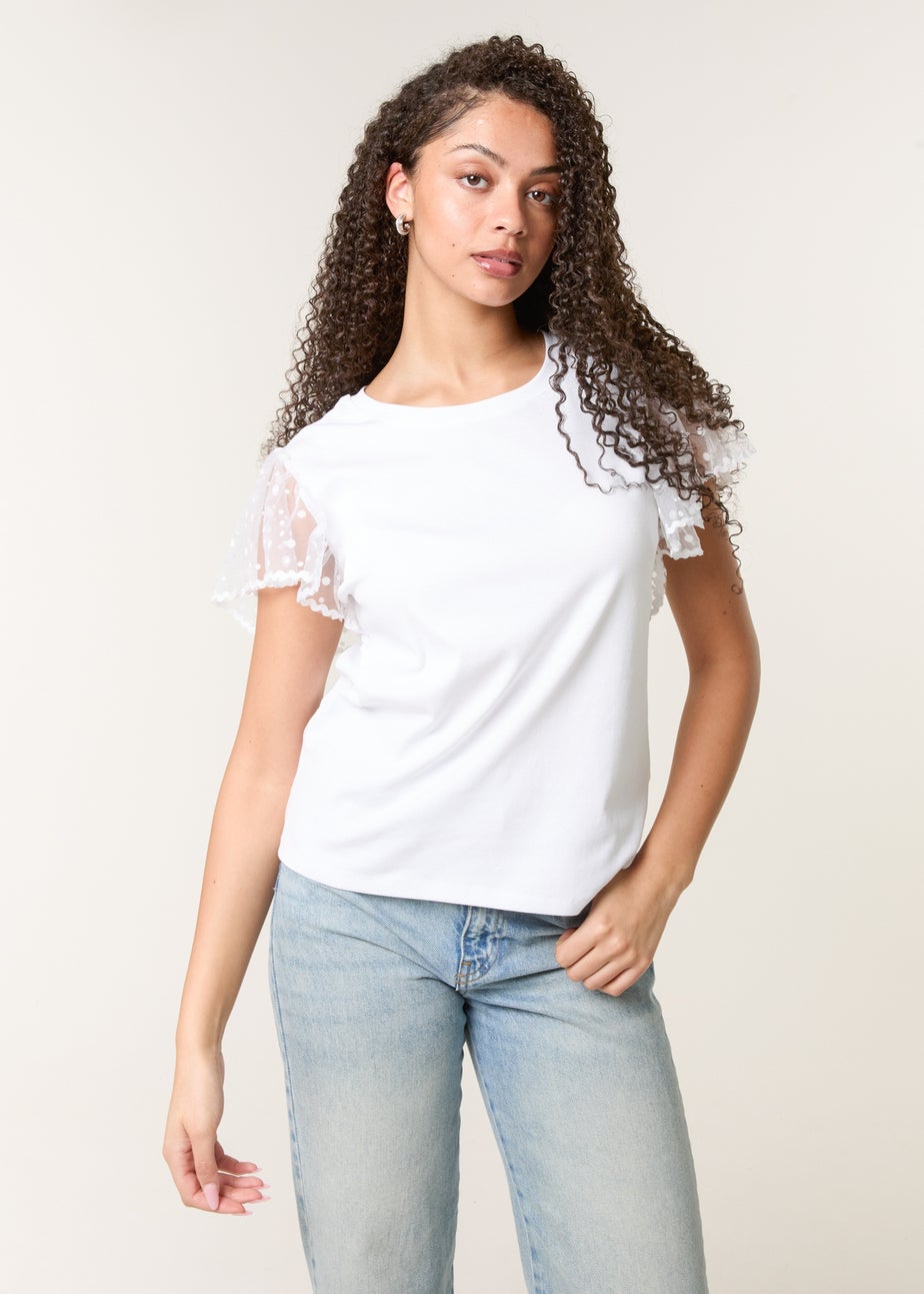 Blue Vanilla White Polka Dot Mesh Sleeve T-shirt