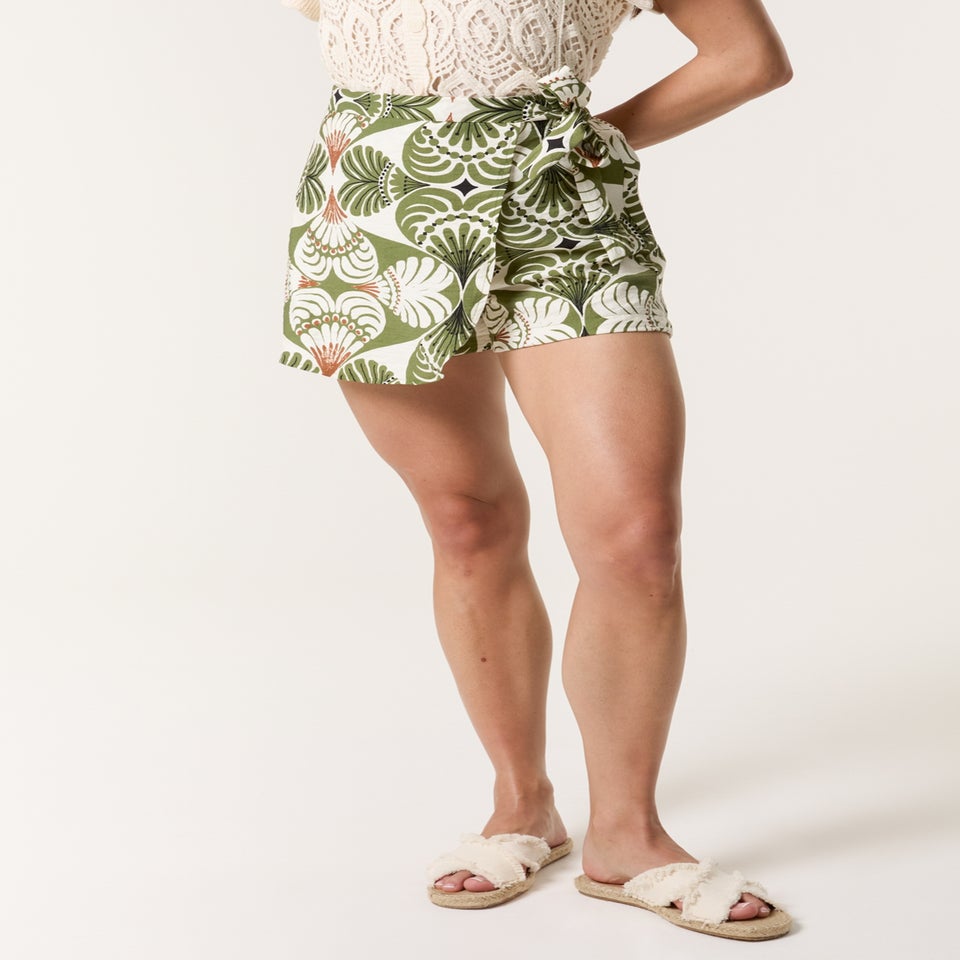 Blue Vanilla Khaki Geometric Print Wrap Belted Shorts
