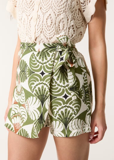 Blue Vanilla Khaki Geometric Print Wrap Belted Shorts