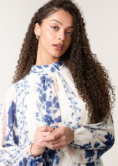 Blue Vanilla Blue Floral High Neck Puff Ball Blouse