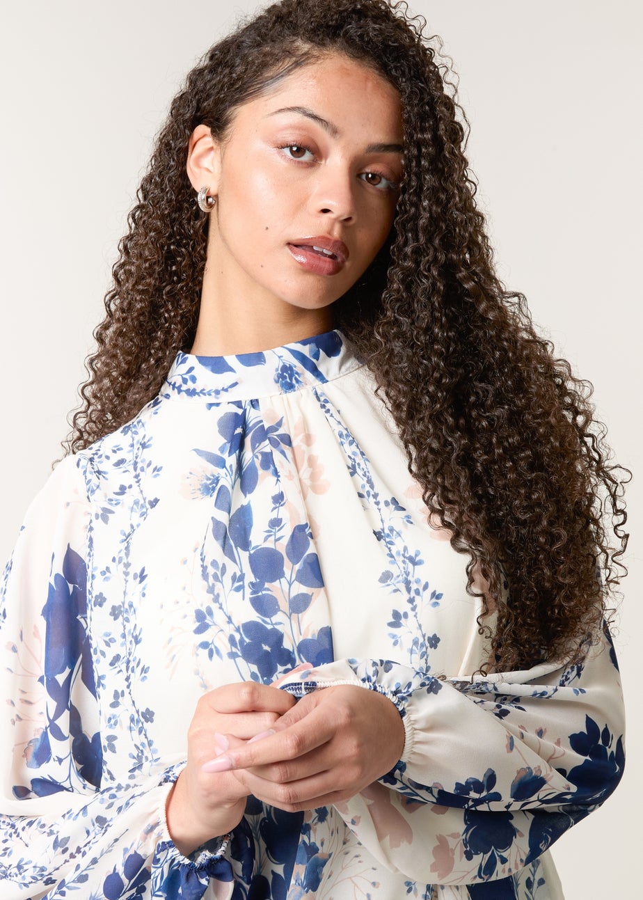 Blue Vanilla Blue Floral High Neck Puff Ball Blouse