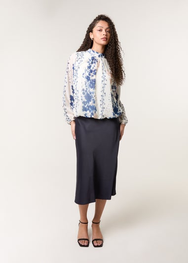 Blue Vanilla Blue Floral High Neck Puff Ball Blouse