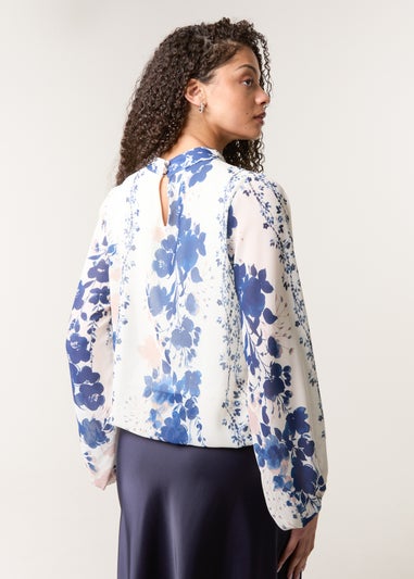 Blue Vanilla Blue Floral High Neck Puff Ball Blouse