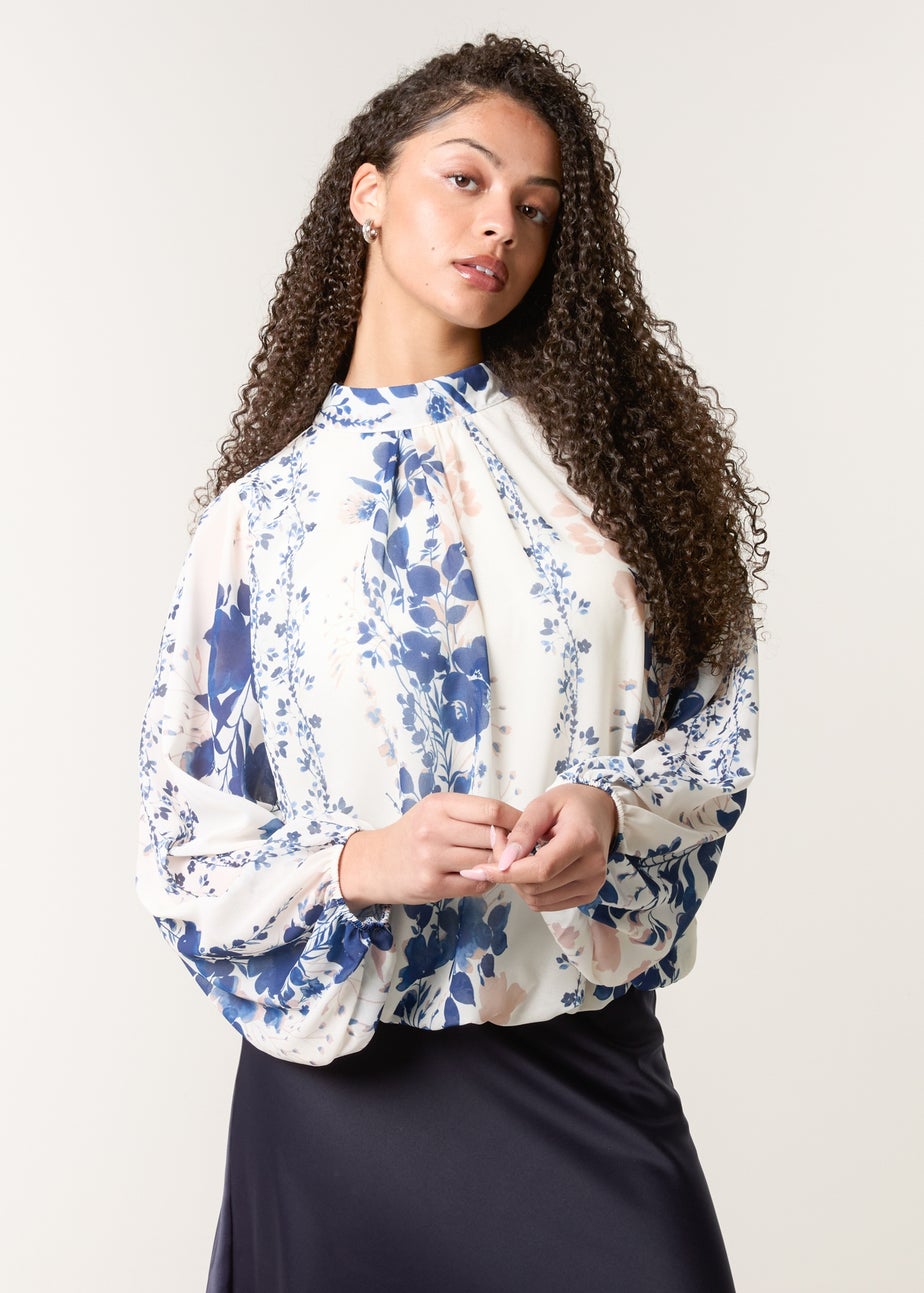 Blue Vanilla Blue Floral High Neck Puff Ball Blouse