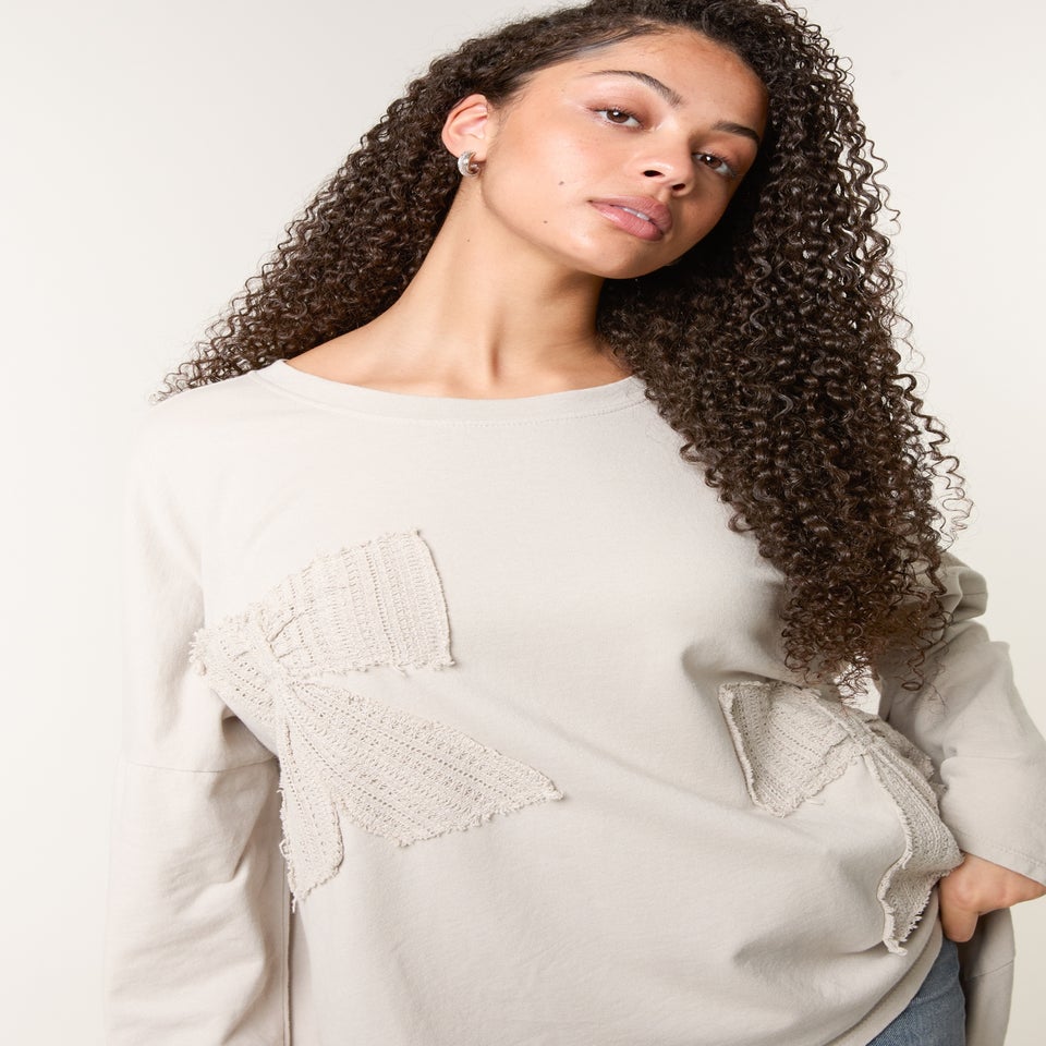 Blue Vanilla Beige Lace Bow Sweat Top