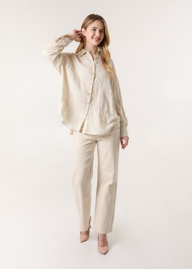 Blue Vanilla Beige Embroidered Linen Shirt