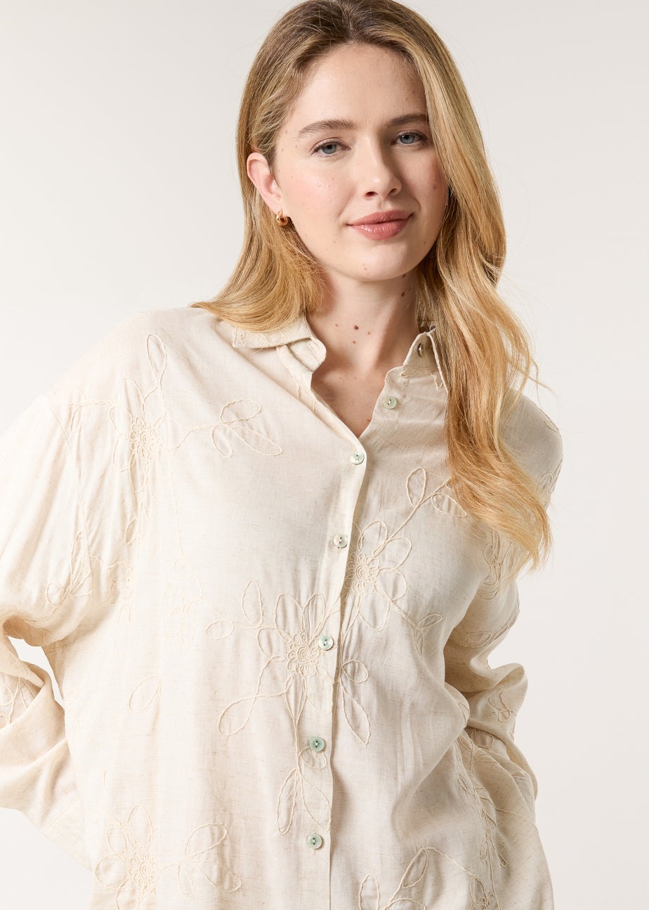 Blue Vanilla Beige Embroidered Linen Shirt