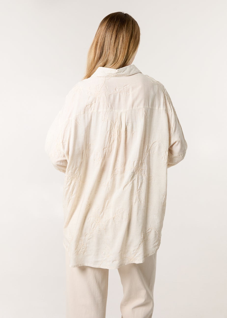 Blue Vanilla Beige Embroidered Linen Shirt