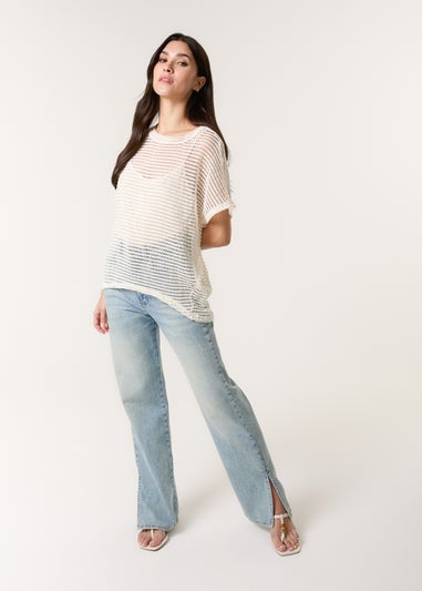 Blue Vanilla Cream Crochet Batwing Oversized Top