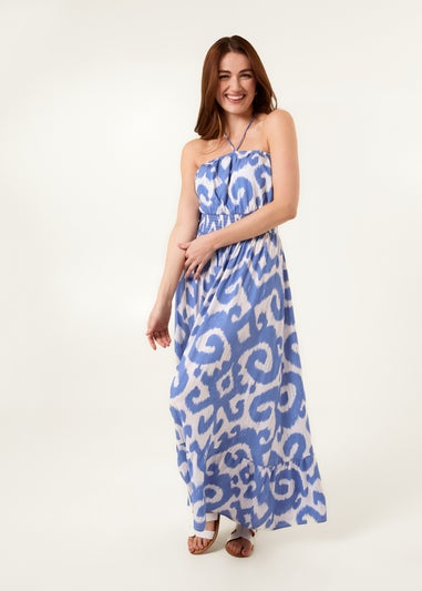 Blue Vanilla Light Blue Bandeau Printed Shirred Waist Maxi Dress
