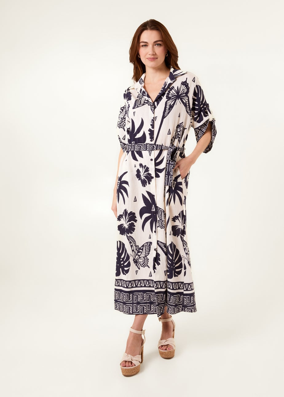 Blue Vanilla Navy Butterflies & Tropical Printed Abstract Shirt Dress