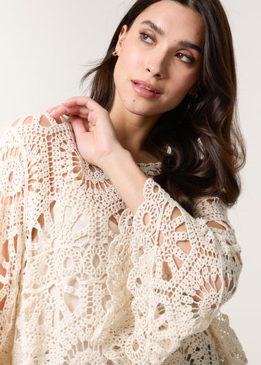 Blue Vanilla Stone Crochet Top With Flared Sleeves