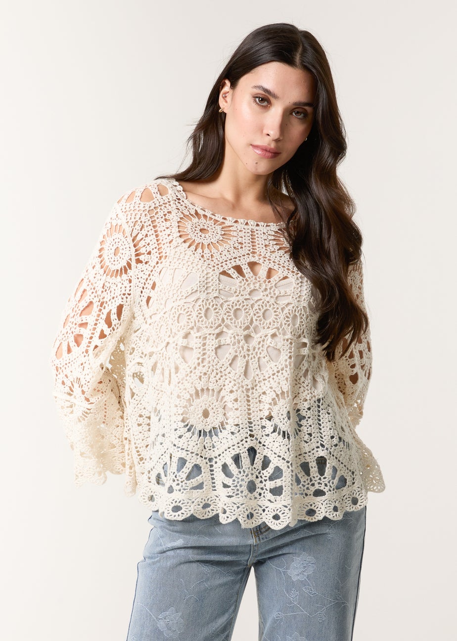 Blue Vanilla Stone Crochet Top With Flared Sleeves
