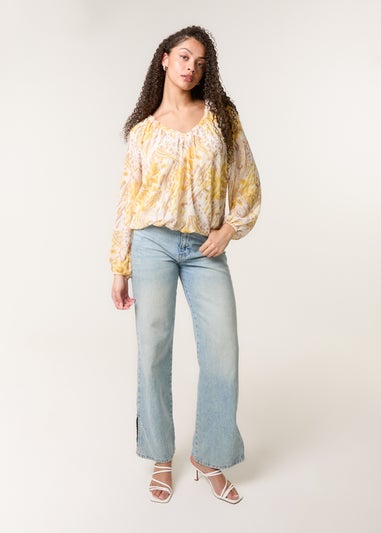 Blue Vanilla Lemon V Neck Gathered Bubble Hem Top