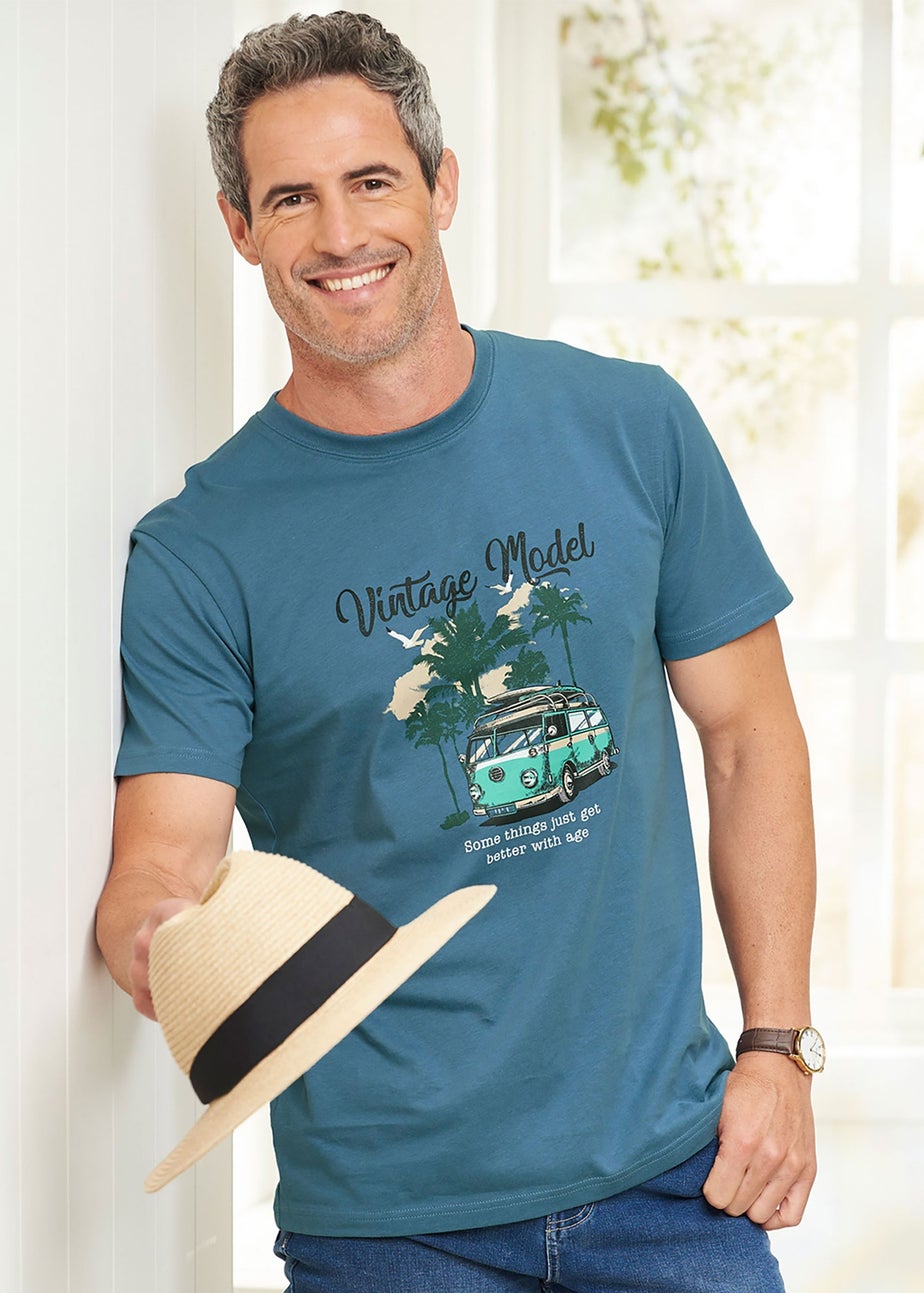 Cotton Traders Steel Blue Printed T-Shirt