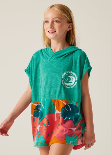 Regatta Turquoise Tropical Leaf Kids Towel II Robe (3- 13 Yrs)