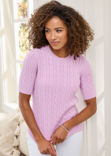 Cotton Traders Lilac Pink Short Sleeve Cable Jumper