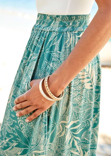Cotton Traders Sea Green Pull-On Printed Crinkle Maxi Skirt