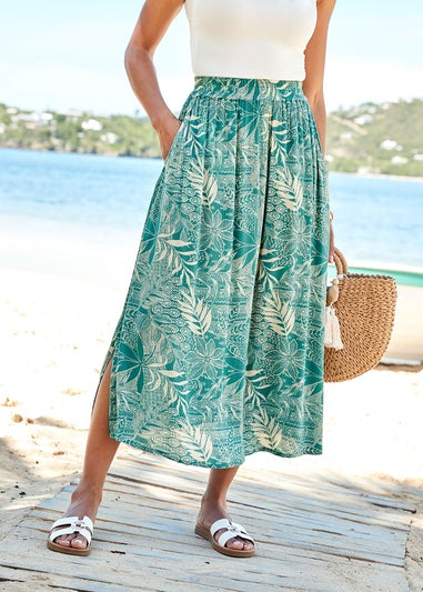 Cotton Traders Sea Green Pull-On Printed Crinkle Maxi Skirt
