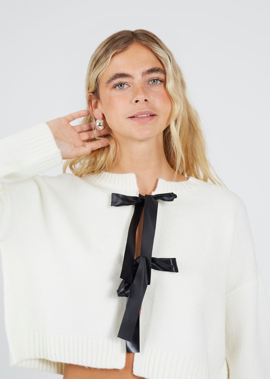 Brave Soul Cream Soft Knit Cardigan with Bow Tie