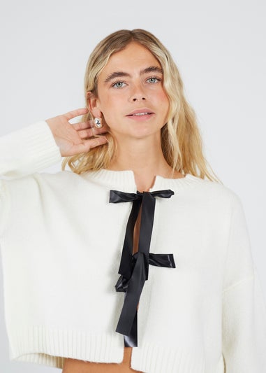 Brave Soul Cream Soft Knit Cardigan with Bow Tie