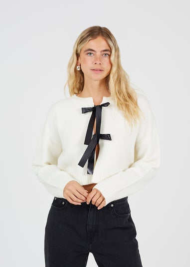 Brave Soul Cream Soft Knit Cardigan with Bow Tie