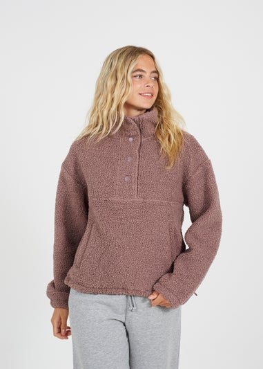 Brave Soul Taupe Sherpa Quarter Button Neck Fleece