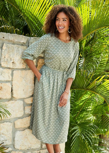 Cotton Traders Dusky Mint 3/4 Sleeve Print Dress