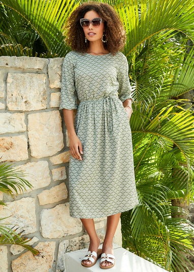 Cotton Traders Dusky Mint 3/4 Sleeve Print Dress