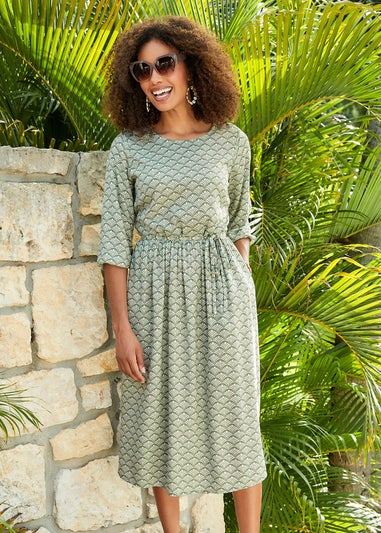 Cotton Traders Dusky Mint 3/4 Sleeve Print Dress
