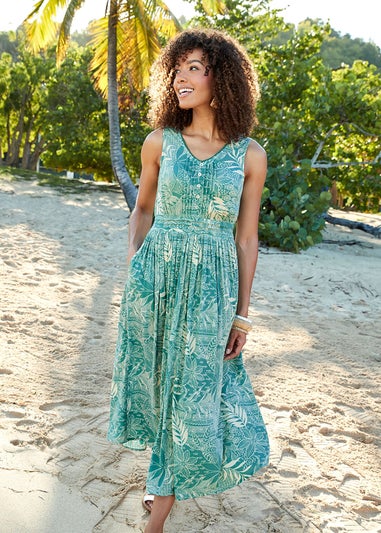 Cotton Traders Sea Green Printed Crinkle Maxi Dress