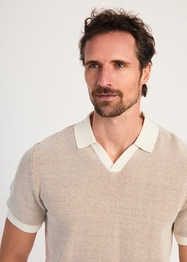 Kensington Eastside Ecru Cotton Short Sleeve V-Neck Polo Shirt