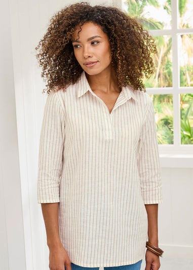 Cotton Traders Ivory Stripe 3/4 Sleeve Cotton-Linen Overshirt