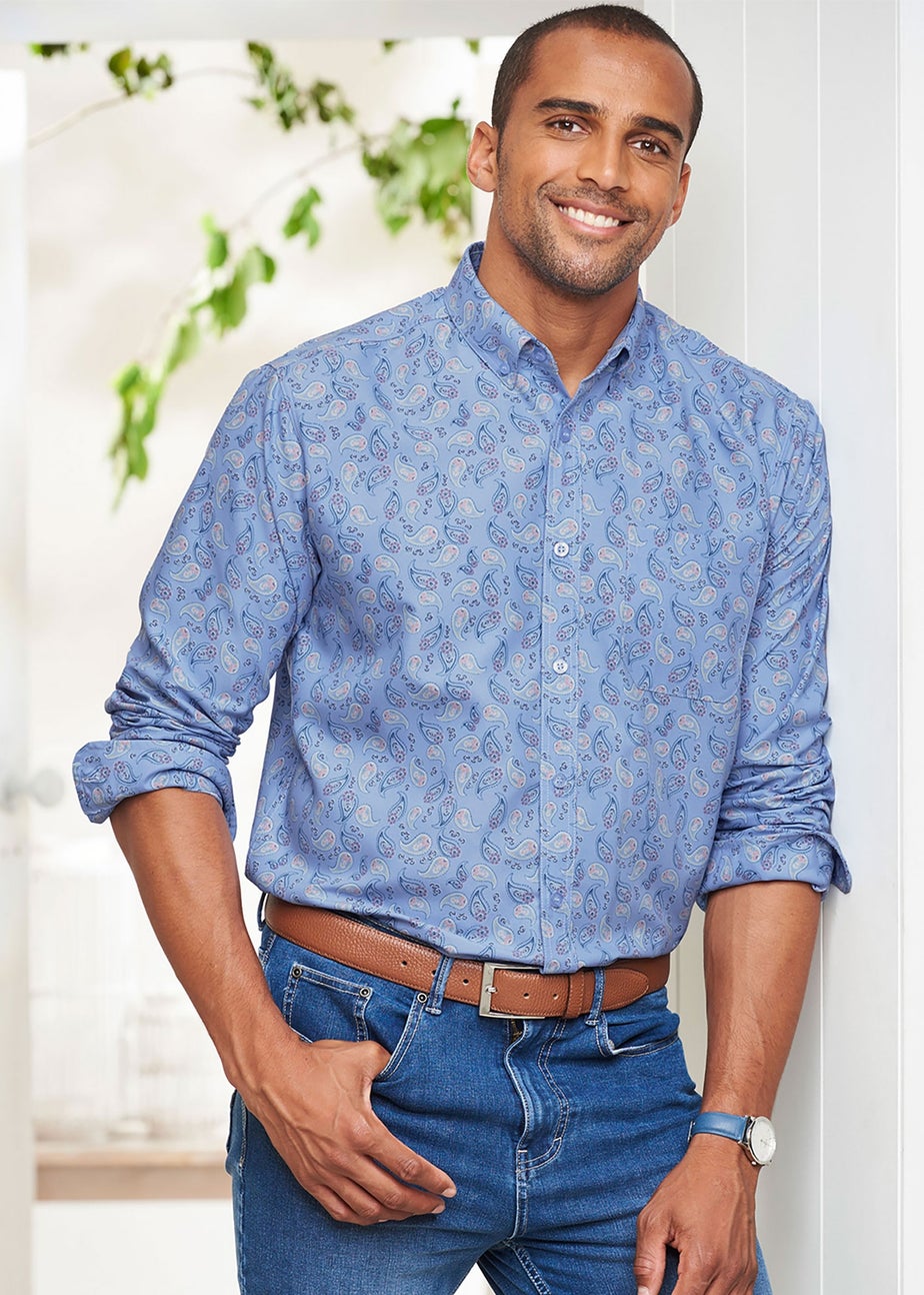 Cotton Traders Powder Blue Long Sleeve Easy-Iron Print Shirt