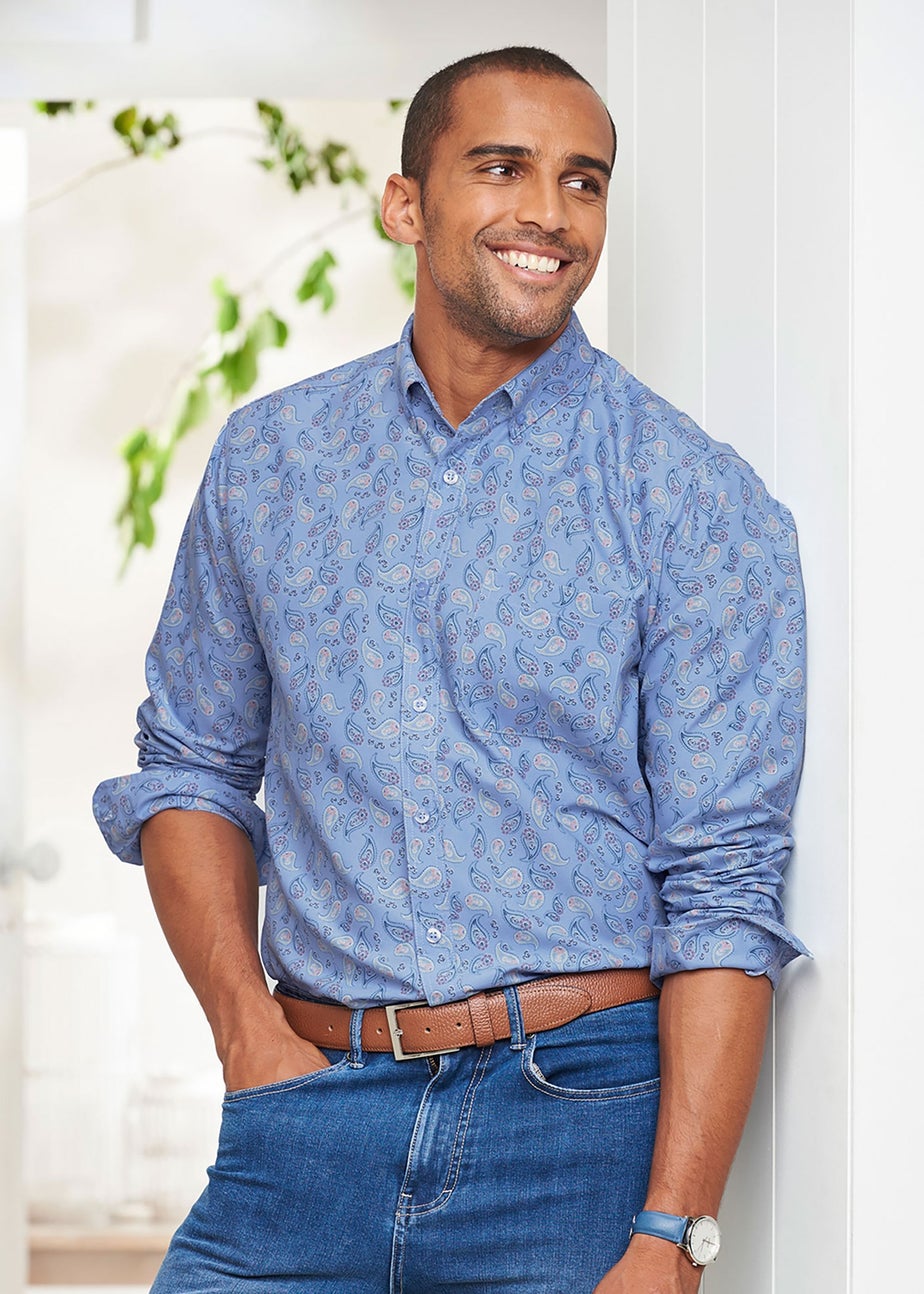 Cotton Traders Powder Blue Long Sleeve Easy-Iron Print Shirt