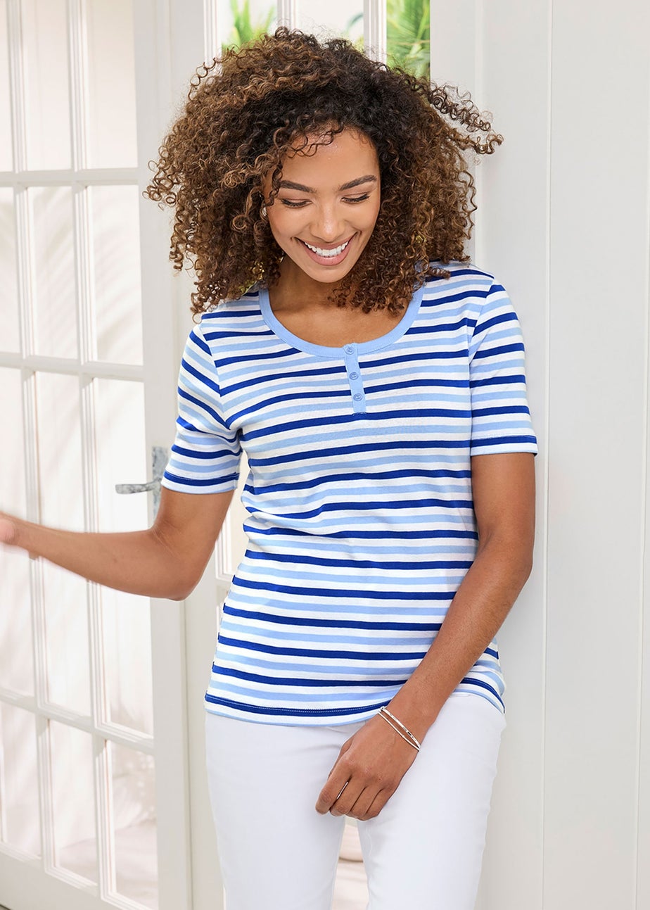 Cotton Traders Pale Sky Wrinkle Free Stripe Button Neck Top